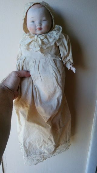 Antique Victorian German Bisque Head,  Hands Baby Doll Hand Made Lace Dress 14 "