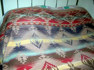 Vintage Cotton Indian Native Sw Pattern Camp Lodge Blanket.  73 " X 78 ".  Red/tan
