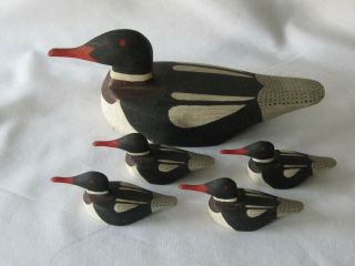 Vtg Carved Solid Wooden Hen Duck Decoy W 4 Ducklings Red Beak Black Head Painted