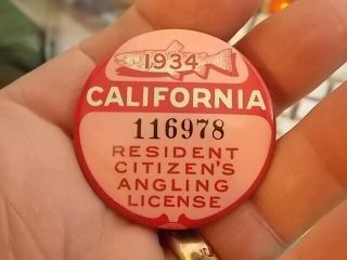 Rare 1934 California Resident Angling Fishing License Pin Badge W Paper Receipt