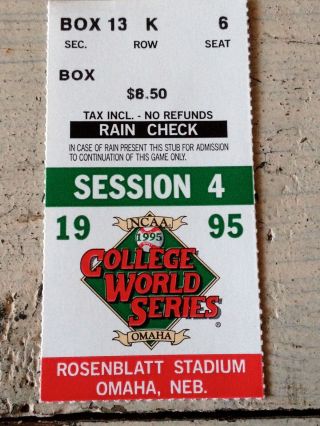 1995 College World Series Ticket Stub Session 4 Fullerton Tenn Stanford Clemson.