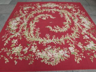 Old Square Hand Made French Design Wool Red Square Aubusson 243x240cm