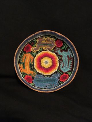 Vintage Mexican Huichol Beaded Gourd Bowl W/animal Designs 50439