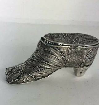 Victorian Antique Novelty Silver Filigree Match Safe Vesta Case Shoe Snuff Box