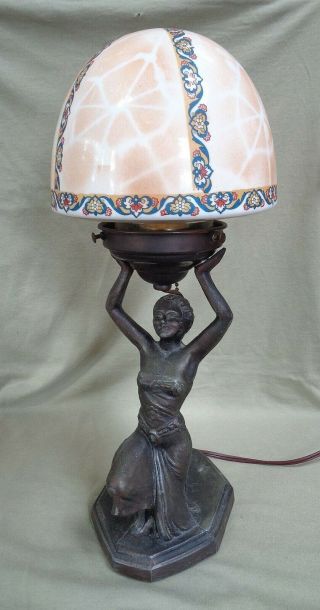 Vintage Art Deco Spelter Metal Figural Lamp With Glass Dome Shade Woman Salome