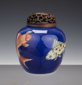 Perfect Chinese Porcelain Jar,  Wooden Cover 19th C.  Goldfish