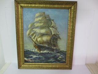 Vintage Oil Painting In Gold Frame " Sailing The Ocean " B.  Jones
