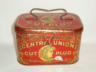 Old Tin Litho Central Union Brand Lunch Box Advertising Tobacco Tin Can