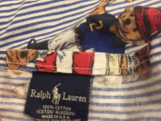 Ralph Lauren Polo Teddy Bear Vintage FUll Flat Sheet Blue White Stripe Vintage R 3