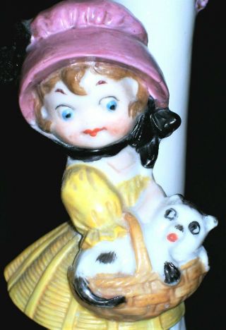 Antique German Art Deco Googly Girl Doll With Cat Kitten Porcelain Lamp Figurine