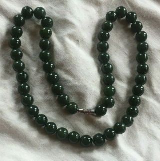 Vintage 16 " Round 8mm Dark Green Jade Bead Necklace,  Unmarked Screw Clasp