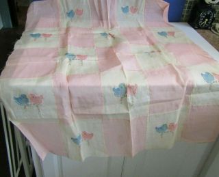 Vtg Embroidered Pink Lovebirds Baby / Doll Crib Quilt Duvet Topper Unfinished