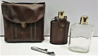 Vintage 5 Piece Flask Set Leather Carry Case,  Shot Glass 2 Flasks Bottle Opener