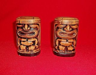 Vintage Ceramic Hawaiian Tiki Salt And Pepper Shakers With Label Japan
