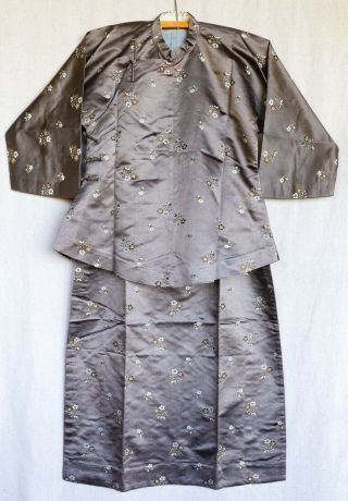 Antique 1920 Signed Chinese Silk Brocade Cheongsam Qipao Jacket Skirt Suit Dress