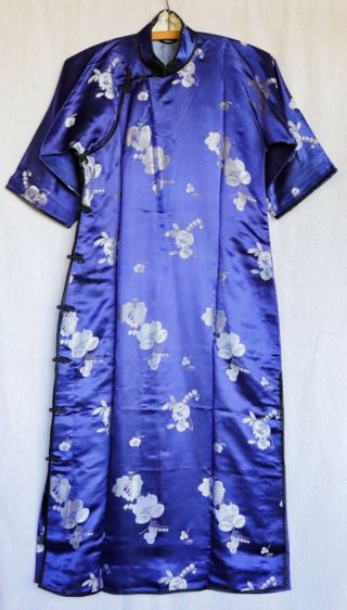 Antique Chinese Purple Silver Brocade Damask Silk Cheongsam Qipao Robe Dress