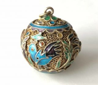 Antique Chinese Silver Gilt Enamel Ball Bead Pendant Flowers Birds