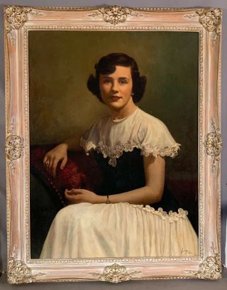Lg 1950 Vintage Mid Century Modern Home Maker Lady Portrait Old Painting & Frame