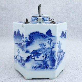 Antique 19c Chinese Blue White Hand Painted Porcelain Teapot Wine Pot & Warmer