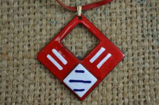 Vintage 1970s Red Enamel On Copper Pendant Necklace Festival Leather Thong