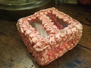 Antique Vintage Vanity Jewelry Box W Pink Ruched Gathered Ribbon Work & Glass
