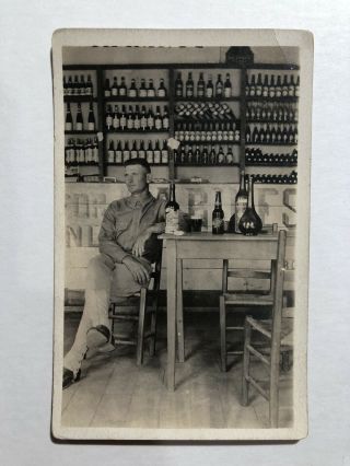 Vintage Photo Of U.  S.  Soldier Having A Drink,  Surrounded By Wine Bottles,  C1910