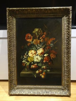 Huge 17th Century Old Master Style Still Life Flowers & Fruit Oil Painting