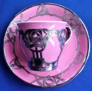 Antique Art Nouveau Silver Overlaid Minton Coffe Cup & Saucer - Birmingham 1907.