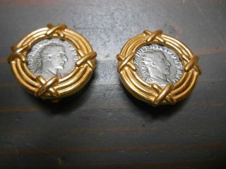 Vintage Carolee Faux Roman Coin Clip On Earrings Signed Gold Tone Silver Tone