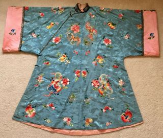Antique Chinese Embroidered Silk Damask Robe - Forbidden Stitch - Qing / Ming