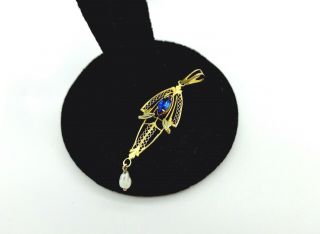 Antique Victorian 10k Solid Gold Blue Spinel Pearl Dangle Lavaliere Pendant