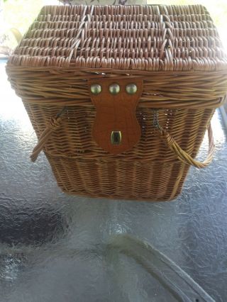 Vintage Wicker Picnic Basket With Leather Clasp Handles