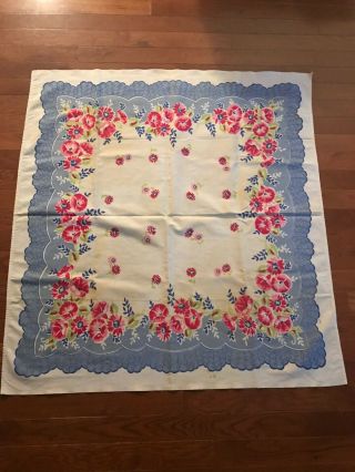 Vintage Tablecloth Cotton Blue And Red Floral,  Card Table Size