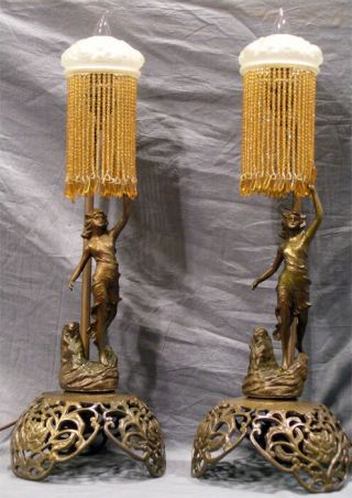 Art Deco Figural Lamps With Beaded Shades