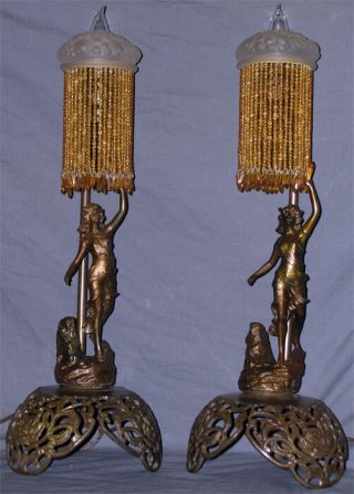 ART DECO FIGURAL LAMPS WITH BEADED SHADES 2