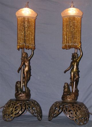 ART DECO FIGURAL LAMPS WITH BEADED SHADES 3