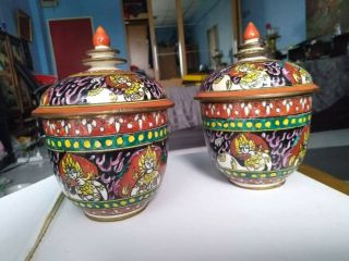 Rare Antique 19.  Century Benjarong Handpainted Porcelain Jars