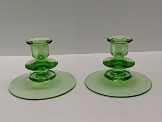 Set Of 2 Vintage Green Depression Glass Candle Holders