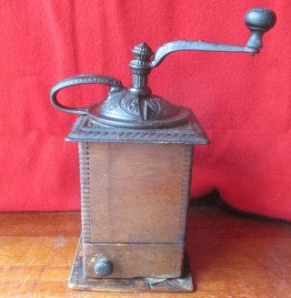 Antique Rare - Extra Tall Coffee Mill Grinder Wood & Cast Iron Dovetailed Handle