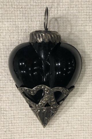 Vtg Victorian Christmas Ornament Kugel Style Black Glass Silver Metal Hearts