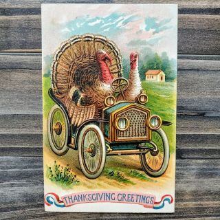 Vintage Postcard Anthropomorphic Turkey Driving Antique Car Thanksgiving