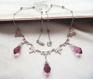 Antique Art Deco Jewellery Sterling Silver Amethyst Paste Drops Vintage Necklace