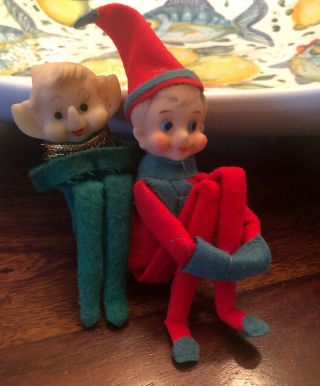 2 Vintage Christmas Red & Green Felt Elf Pixie Knee Huggers - Made In Japan