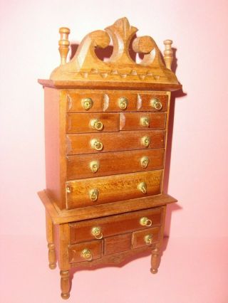 1:12 Scale Dollhouse Miniature Wood High Boy Chest Of Drawers Brasstone Handles