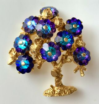 Vintage Purple Blue Rivoli Crystal Glass Flower Gold Tone Tree Brooch Pin 656