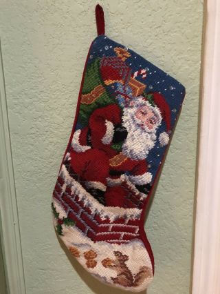 Vintage Needlepoint Embroidery Santa Claus Christmas Stocking Adorable