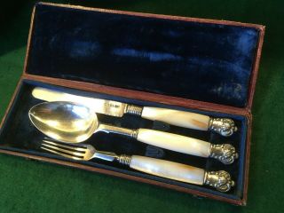 1833 Antique Solid Silver Mother Of Pearl George Unite Knife Fork Spoon Cased
