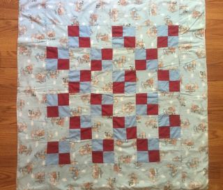 Handmade Vintage Baby Quilt Fabrics 33” X 32” Tied,  Red/blue Square,  Animals