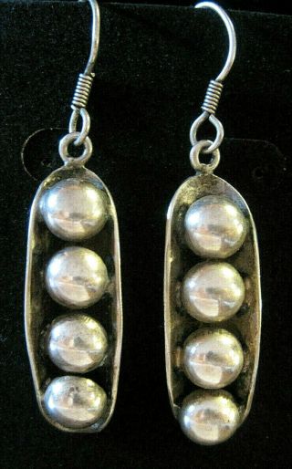 Vintage Taxco Mexico 925 Sterling Silver 4 Peas In A Pod Earrings 2 1/4 " Long