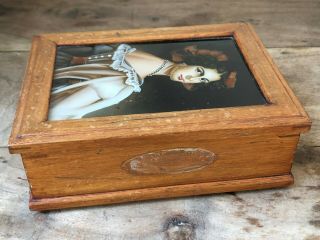 Vintage art deco fruit wood book type games box rear painted glass portrait lid 2